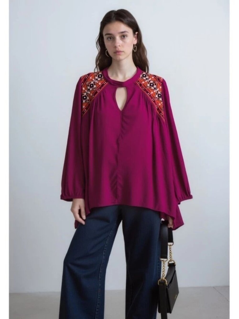 Knox Rose Womens Top Blouse Long Sleeves Embroidered Berry Size L